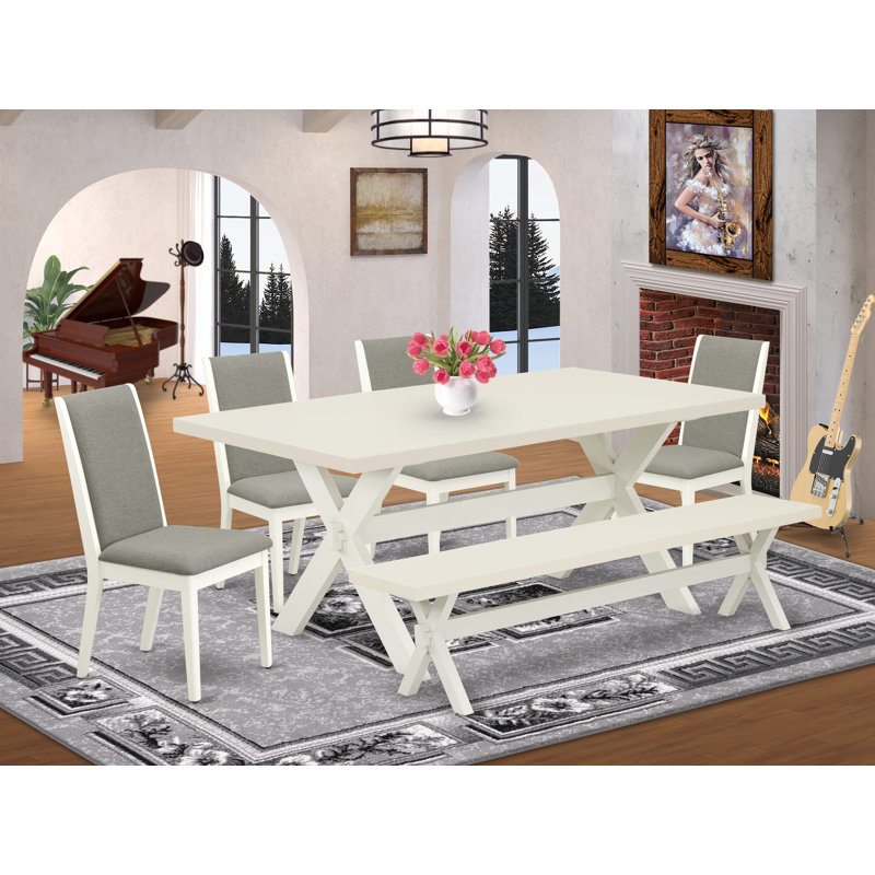 Bonelli 6 - Person Solid Wood Top Trestle Dining Set, Wirebrushed Linen White, Shitake