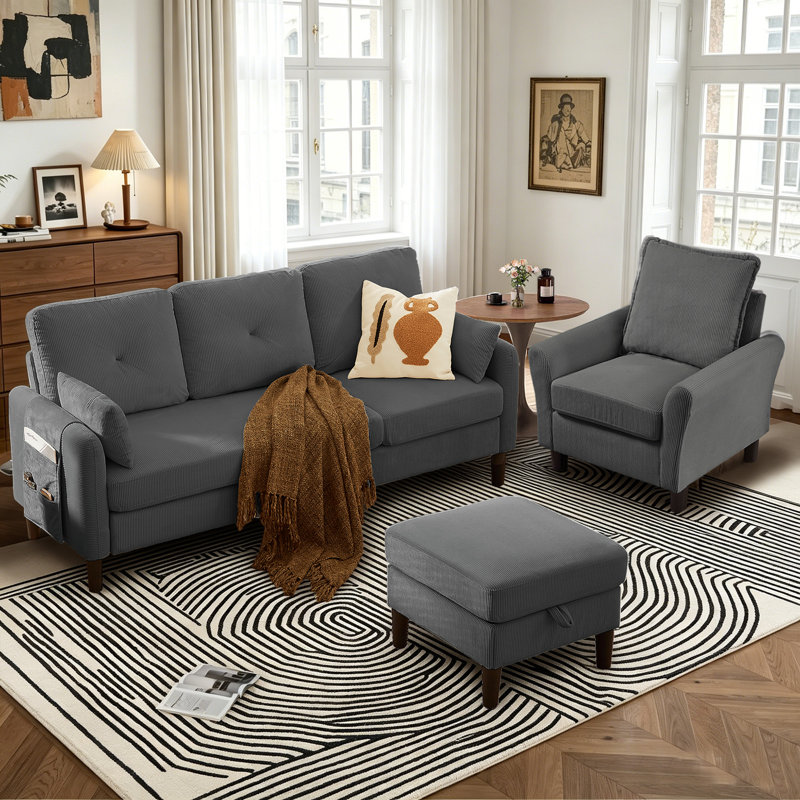 Ensemble de salon 3 pièces Penelera, Mélange de polyester gris foncé