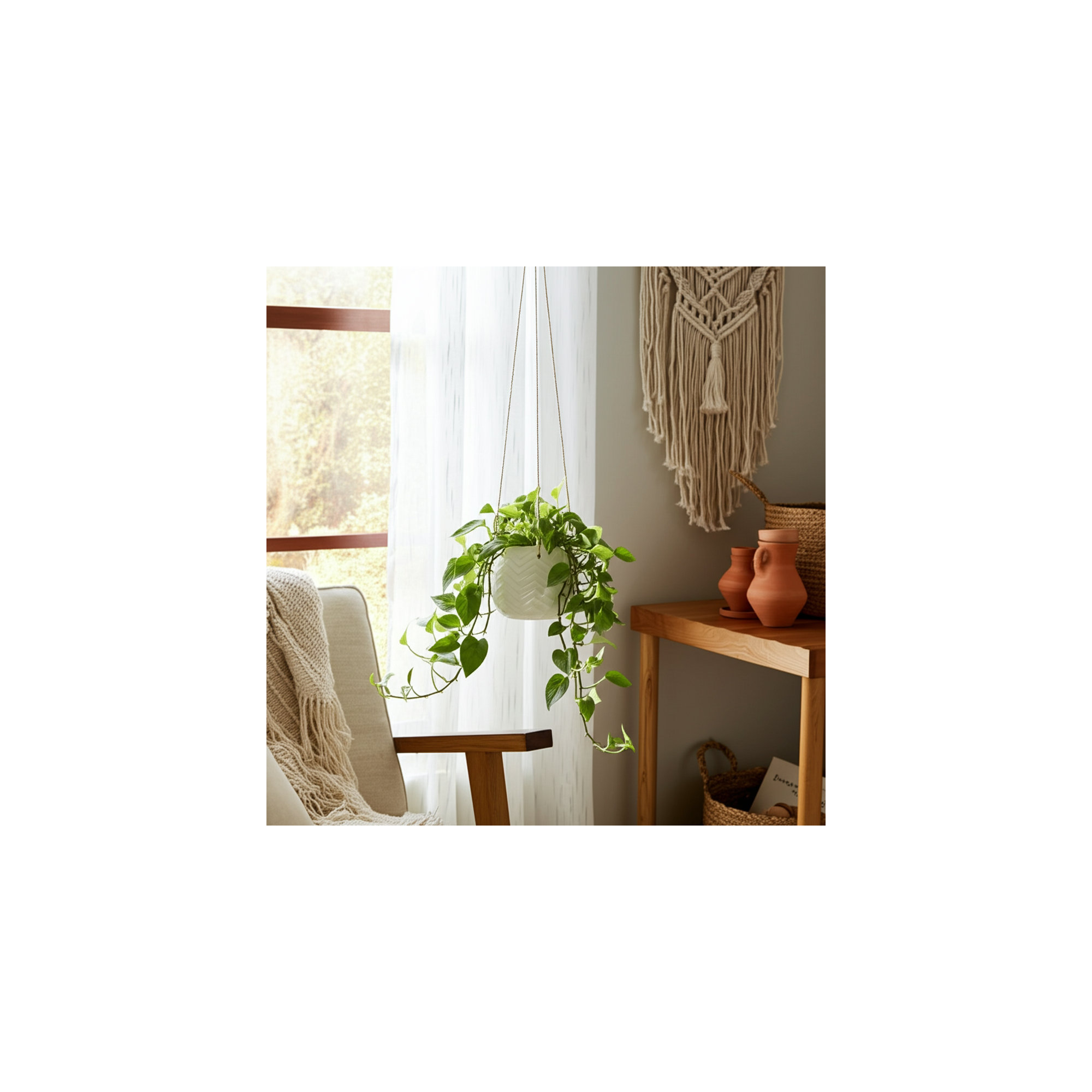 Rosaria Ceramic Hanging Planter, 6" H x 7" W x 7" D, Chevron White