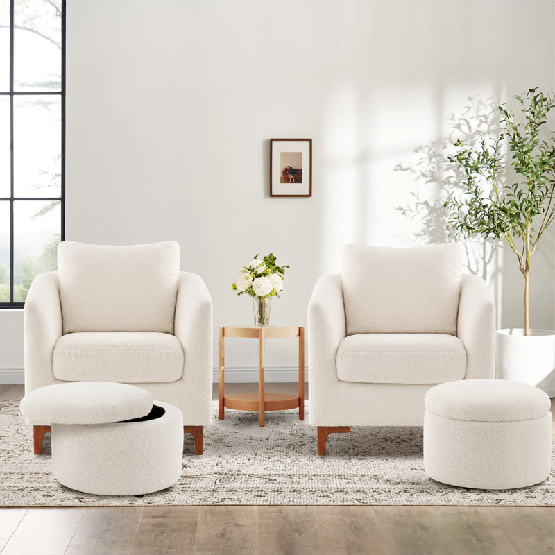 Hintz Upholstered Barrel Chair with Ottoman, Cream Microfiber