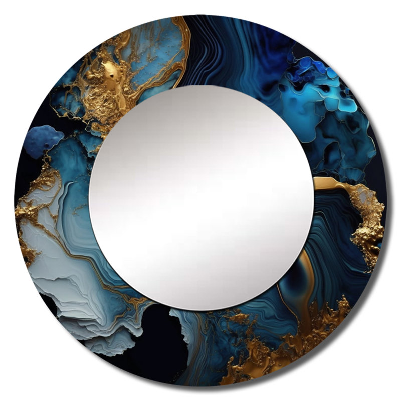 Omaurion abstrait Geode Marble Blue III - miroir décoratif en marbre, miroir mural rond moderne, impression d'art en métal
