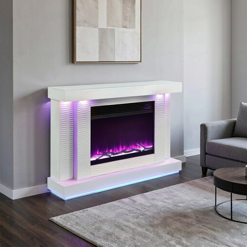 Meuble télé contemporain blanc avec foyer électrique et 3 niveaux de luminosité