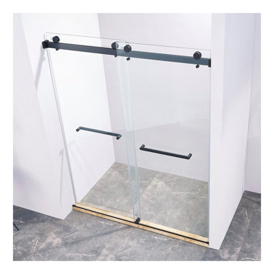 56-60"W x 75"H Frameless Double Sliding Shower Door, 304 Stainless Steel in, 5/16" (8mm) Thick SGCC Tempered Clear Glass.
