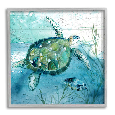 " Sea Tortoise And Fish Over Blue Nautical Ocean Map " by Carol Robinson Painting Print