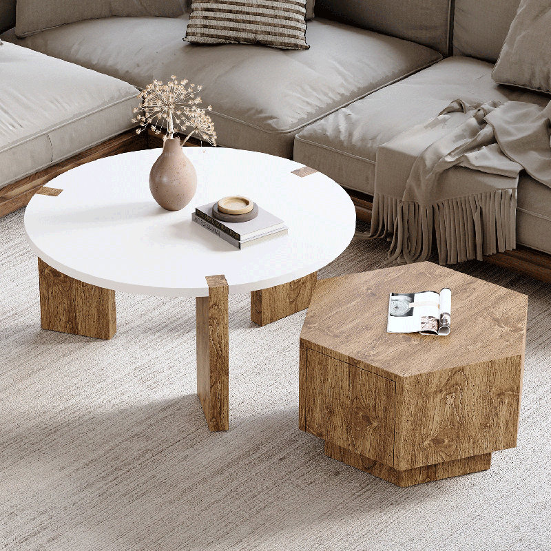 Modern 2 Piece Round Nesting Coffee Table Set With Drawer