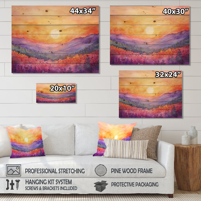 Coucher de soleil avec fleurs sauvages II - paysage traditionnel sur bois de pin naturel, H 34 po x l 44 po