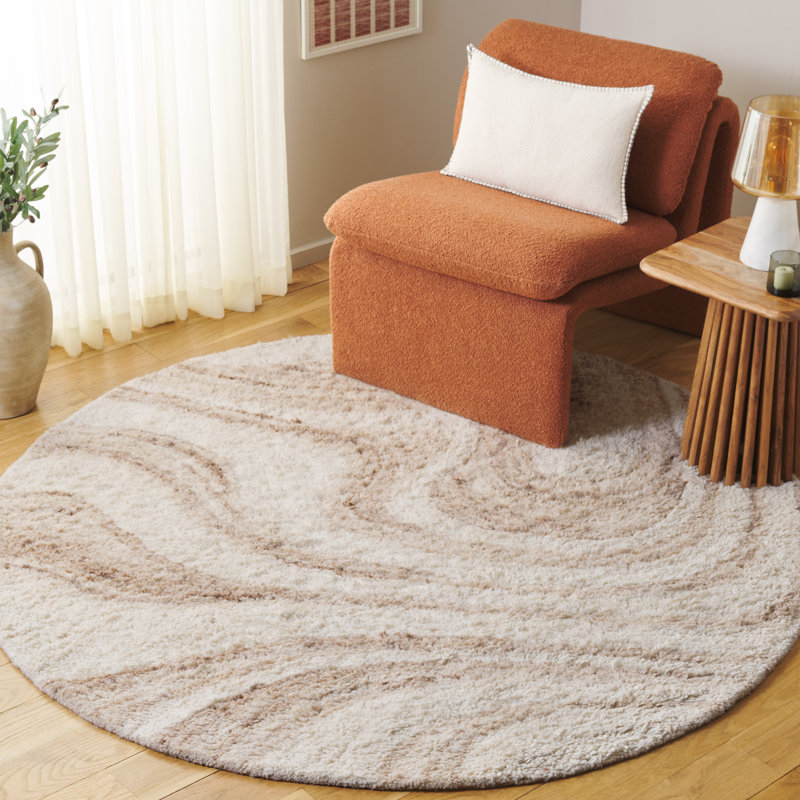 Goldina 227 Hand Tufted Wool/Recycled Cotton Abstract Indoor Use Only Rug in Ivory/Beige, Round 6'