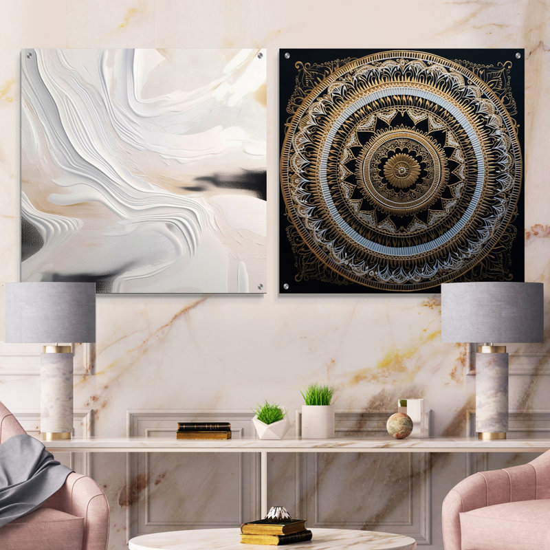 Blanc et or ondulations de pierre - ensemble de 2 peintures murales abstraites en acrylique, H 16 po x l 33 po