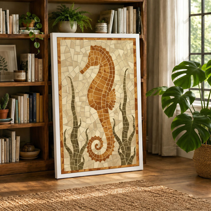 Seahorse Mosaic Coastal - Wrapped Canvas, 24x16 - 61.0 x 40.6 cm, Sage Border