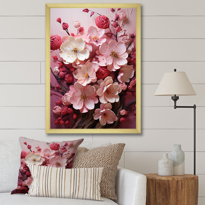 «Pink Orchard Tree Ballet Of Cherry Blossoms II», art mural cerisier, H 32 po x l 24 po x P 1 po, Cadre doré simple