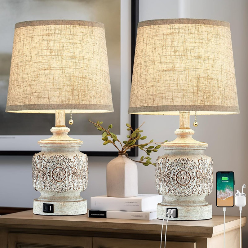 Ensemble de 2 lampes de chevet 19,5 "style campagnard rétro pour salon, ensemble de 2 lampes de chevet rustiques traditionnelles pour chambres à coucher avec ports USB