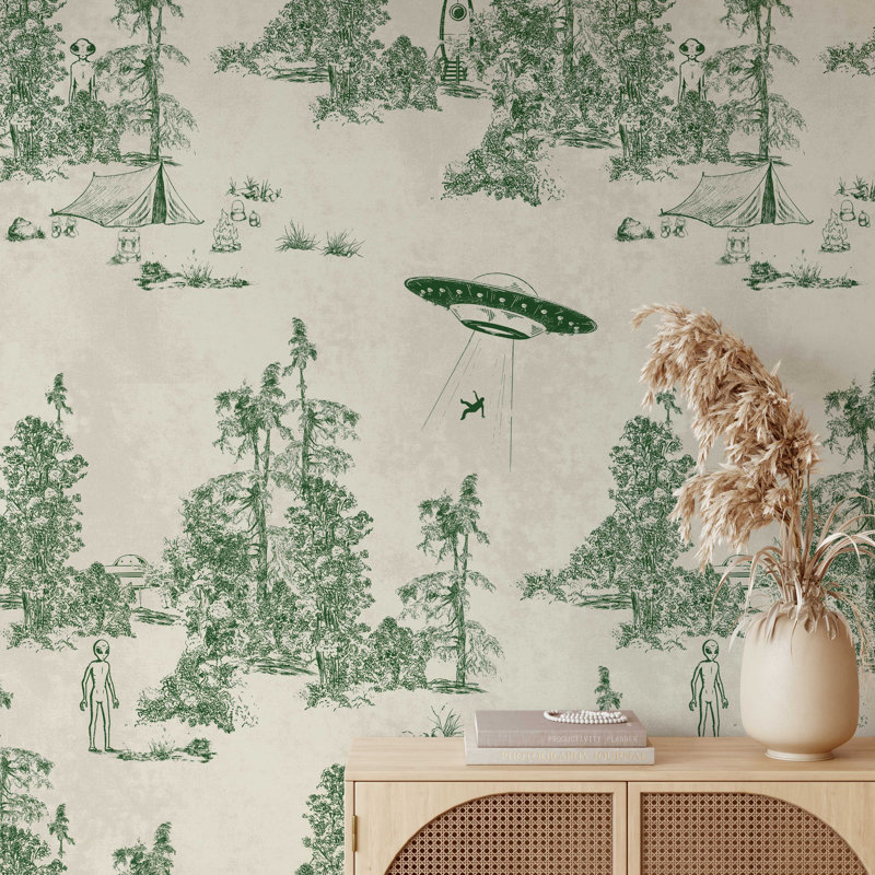 Alien Abduction Toile de Jouy Wallpaper in Black, Green
