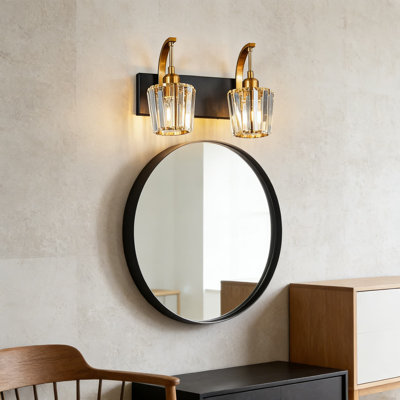 Modern Bathroom Vanity Light Fixture, 2-Light Dimmable Wall Sconce With Crystal Accents For Over Mirror Makeup Lighting, Easy Installation, Black And Gold Finish