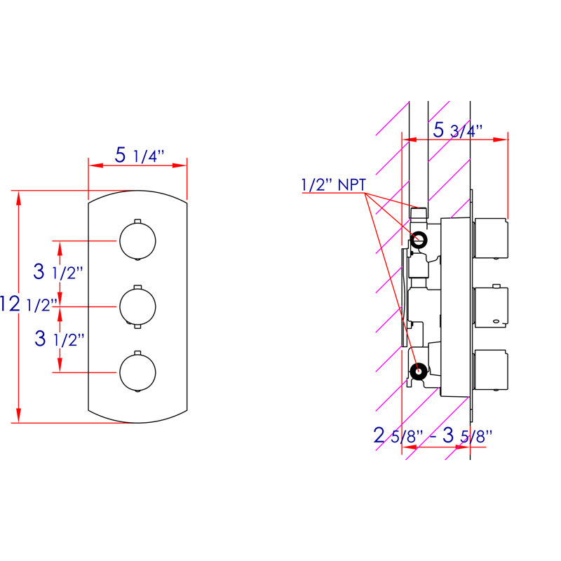 Concealed 3-Way Thermostatic Valve Shower Mixer with Round Knobs, Polished Chrome