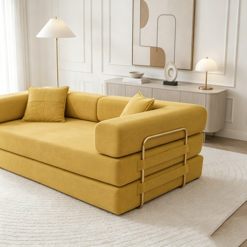 Canapé-lit modulaire en velours côtelé avec accoudoirs mobiles et sans assemblage, Yellow Corduroy, Yellow