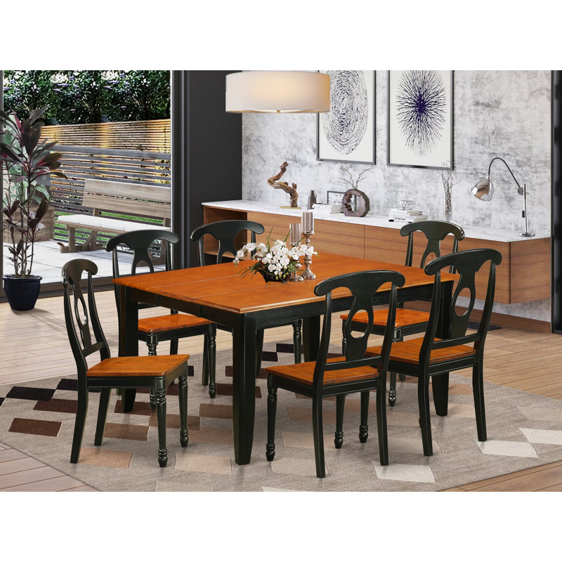 Ensemble de salle à manger 7 pièces comprenant une table carrée en bois avec rallonge papillon et 6 chaises de cuisine, 137 x 137 cm, noir et cerisier