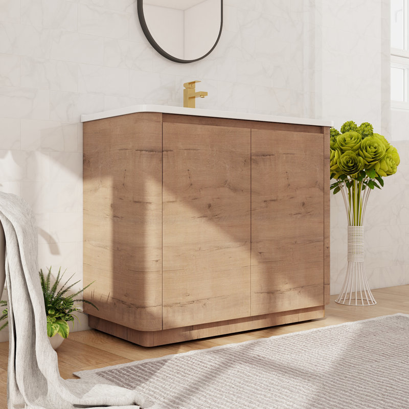 Ensemble de vanité de salle de bain de 40 po, meuble-lavabo simple autoportant avec lavabo en céramique, meuble sur pied à 2 portes et 1 étagère