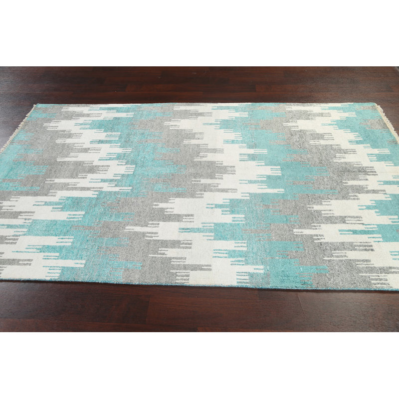 Tapis bleu noué à la main de conception unique 5 pi x 7 pi 10 po New Age