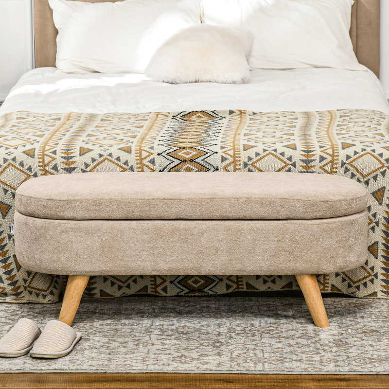 Banc de rangement de 43,3 po beige avec rangement caché, rembourré en molleton, pieds rembourrés en bois, base fonctionnelle et stable