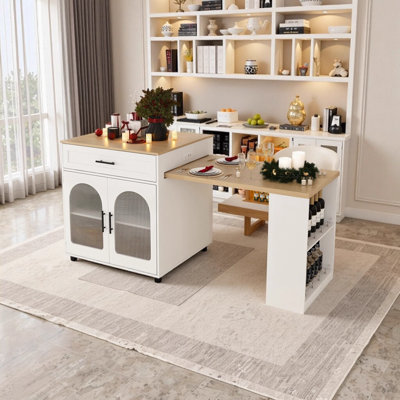 80-inch Expandable Kitchen Island with Dining Table, Solid Wood Grain Countertop with Power Outlet, Mobile Storage Cart with Cabinet & 2 Drawers, White