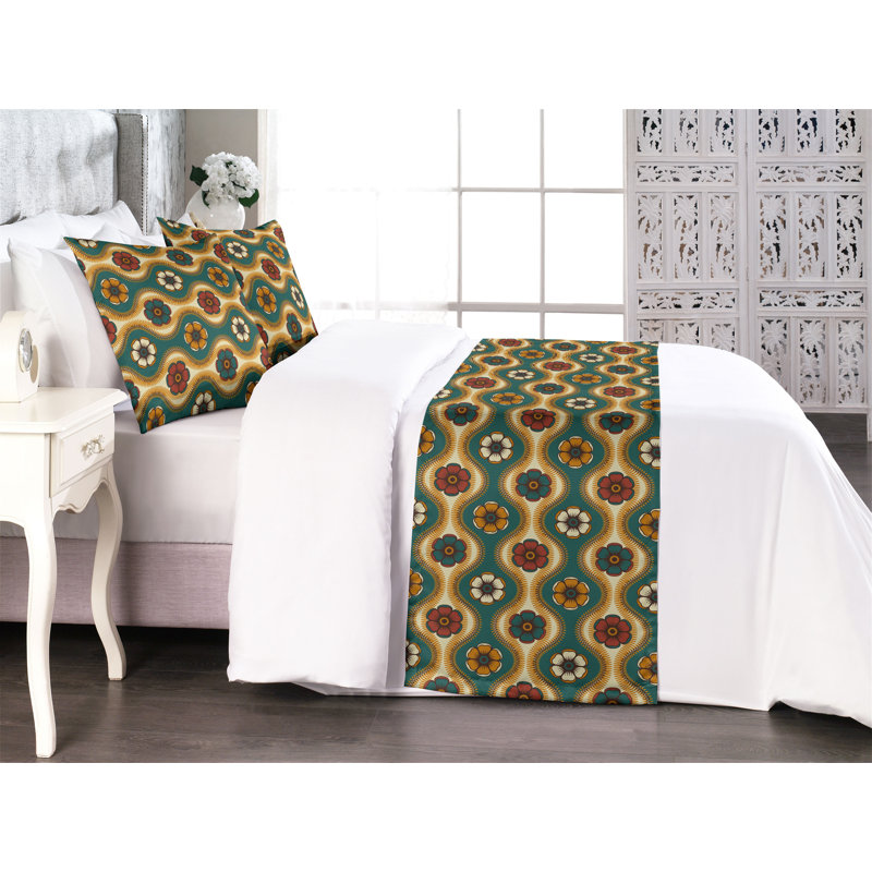 Ambesonne Boho Bed Runner Set Hippie Flowers Wavy Lines Boho Teal Pale Coffee and Cinnamon, King
