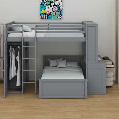 Loft Bed With A Stand-Alone Bed, Shelves,Desk,And Wardrobe