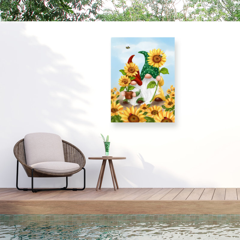 Jean Jean Deux gnomes avec toile tournesols, H 18 po x l 24 po