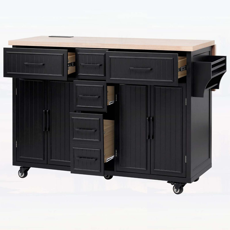 Rolling Kitchen Island with Drop Leaf,Power Outlet,and Ample Storage,for Kitchen,Dining Room, Black