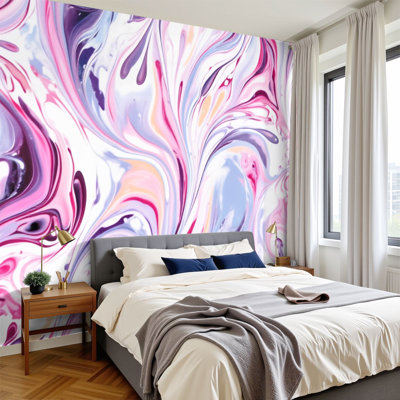 Peel and Stick Wallpaper Abstract Fluid Marble Pink Purple White Lavender Swirls Wall Murals 100"H x 144"W Removable PVC Wall Paper Self-Adhesive Wall Decor for Bedroom Living Room Home Office