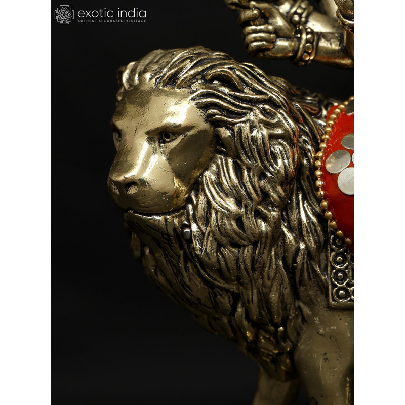 Small Brass Goddess Durga Statue with Inlay Work Hindu Divine Power Lion Ride Décor