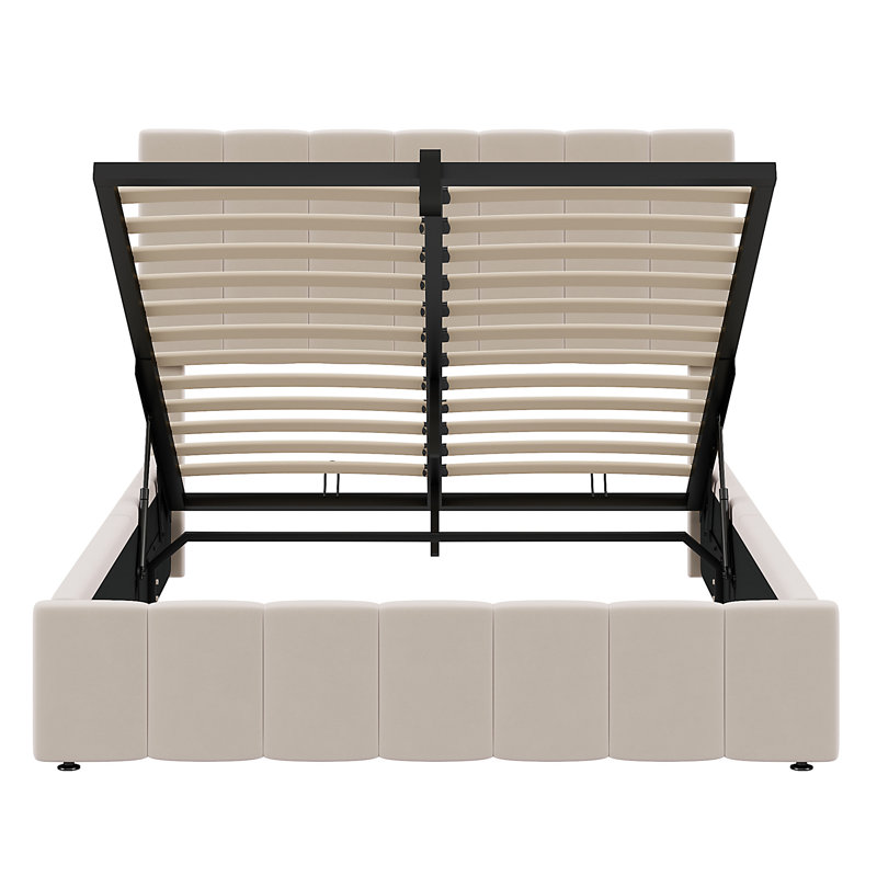 Lit plateforme tapissier avec système de rangement hydraulique - Beige (OLD SKU: LP000111AAA), Beige, Lit double