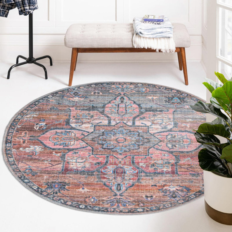 Tapis oriental rose / bleu Gwin, Rond 5 pi 3 po