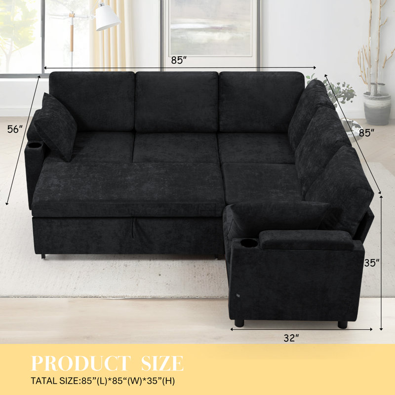 85" Modular Chenille Sectional Sleeper Sofa Bed With USB Charging Ports And Pull-Out Bed For Living Room, Black