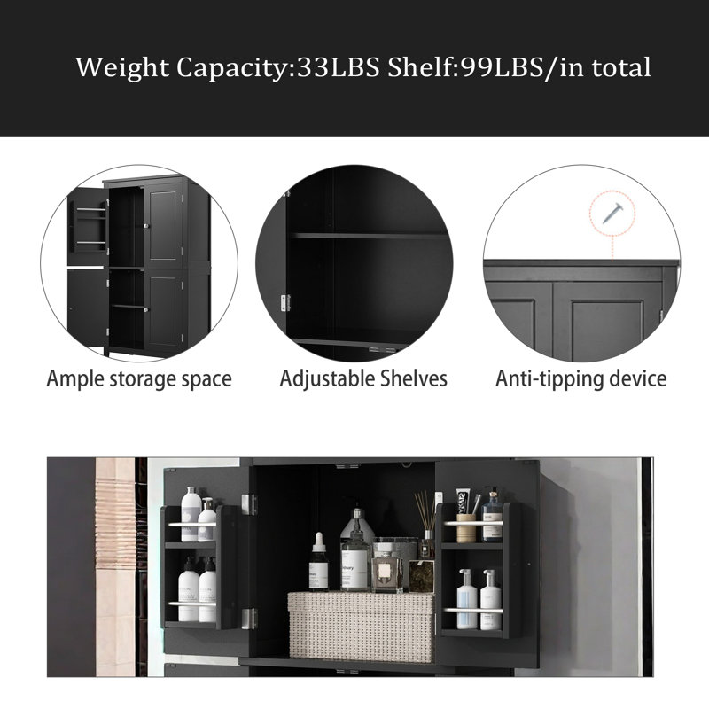 Elegant Bathroom Floor Storage Cabinet, Bathroom Storage Unit, Freestanding Cabinet With 4 Doors, Adjustable Shelves, Adaptable Shelves, Black