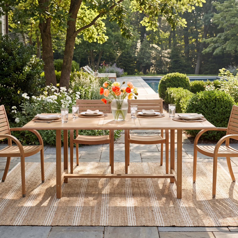 extendable patio table with umbrella hole Rafael 86.6'' Extendable Teak Outdoor Dining Table