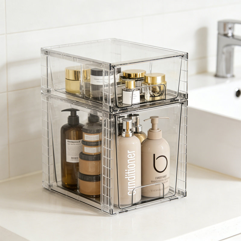 Paquet de 2 tiroirs de rangement empilables transparents, bacs de rangement en plastique de 9,7 pouces de hauteur pour la salle de bain, armoire de rangement sous le lavabo
