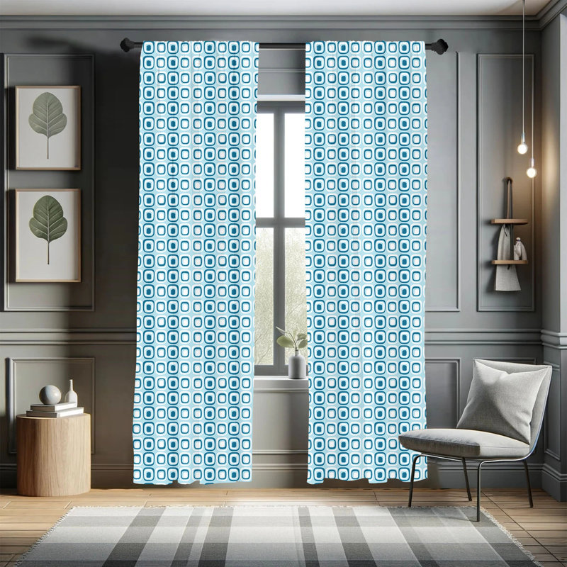 Blue and White Geometric Pattern Rod Pocket Curtain Panels, 28" x 84"