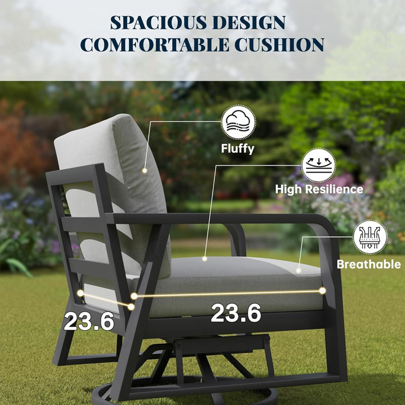 Ensemble de mobilier de patio avec canapé 3 places, 2 chaises berçantes pivotantes et 2 tables basses