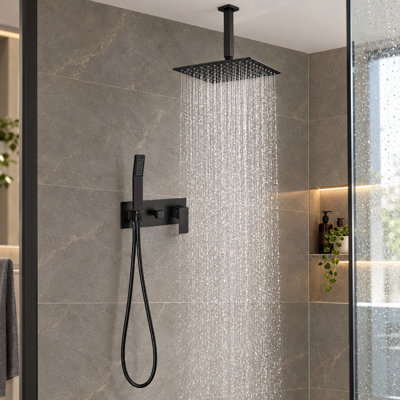 Système de douche de pluie au plafond noir mat de 10 po avec douchette, valve et garniture inclus
