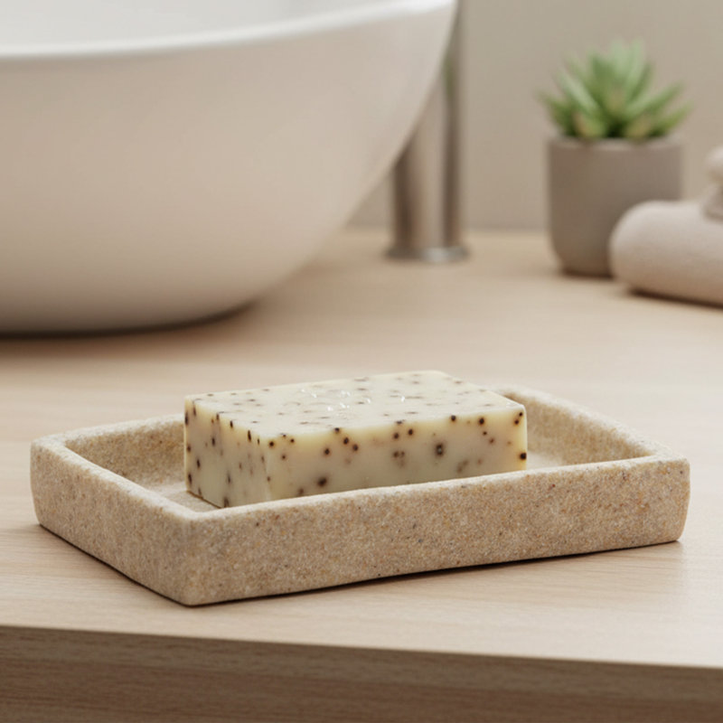 Stone Effect Soap Dish Holder Cup Dispenser Tray, Natural