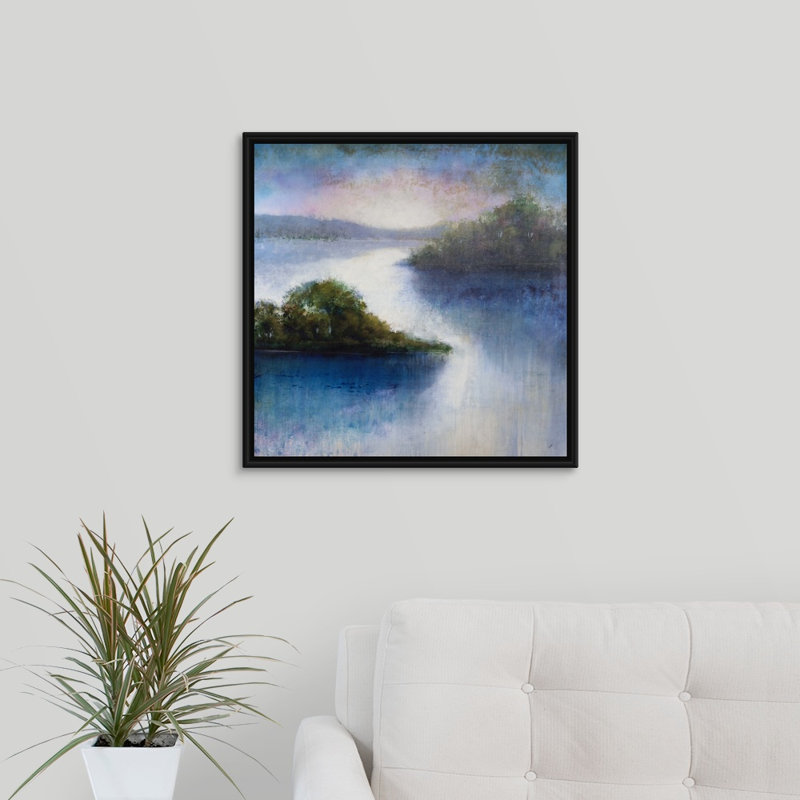 « matinée river », peinture sur toile, H 21,7 po x l 21,7 po x p 1,75 po, Cadre flottant noir