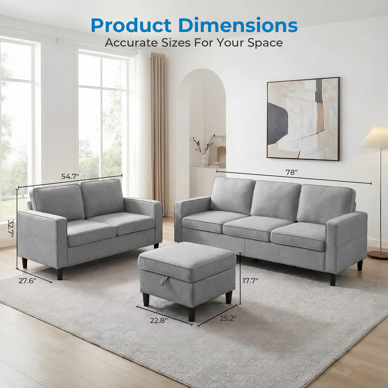 3+2 Seater Convertible Linen Sectional Sofa Set with Storage Ottoman, Light Grey