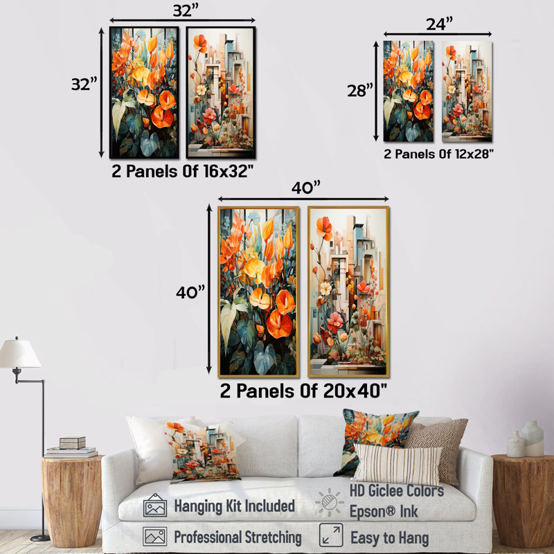 Jardin horticole cubiste - ensemble de 2 impressions sur toile de fleurs, Toile tendue, H 32 po x l 33 po