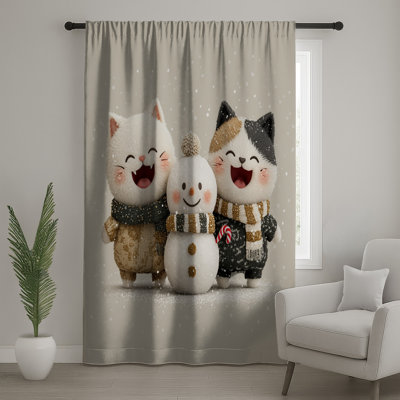 Cute Cats With Snowman Window Curtains, Winter Sheer & Blockout Curtains - 1 Panel