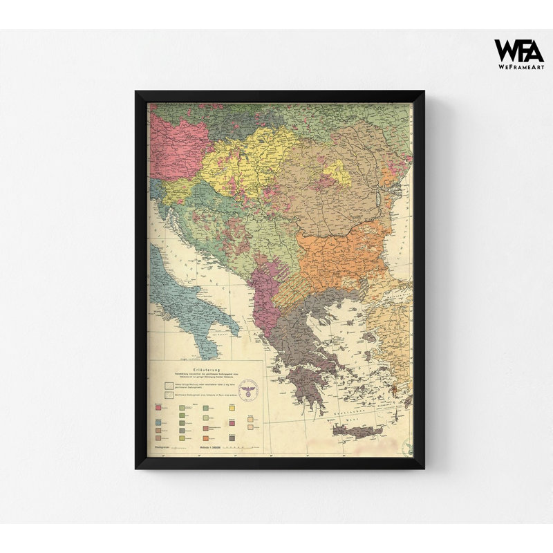 Peuple des balkans et de la région du Danube en 1940, vieille carte des balkans, carte de la péninsule des balkans, décoration murale de studio rustique, art mural de restaurant