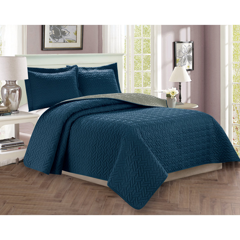 Ensemble de couvre-lit réversible à motif somptueux Mcdougall, Bleu marine / gris, Édredon très grand + 2 taies décoratives