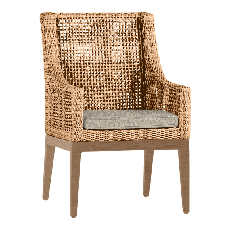 Chaise avec accoudoirs d'extérieur en résine et osier Pen-pena N-Dura, Welt, Raphia / bois de santal, Sable à chevrons
