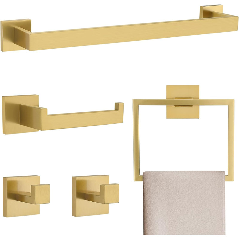 Bathroom Hardware Set - 5 Piece SUS304 Stainless Steel Towel Bar, Ring, Toilet Paper Holder & Hooks - Rustproof Wall Mounted Bath Accessories With Modern Square Design