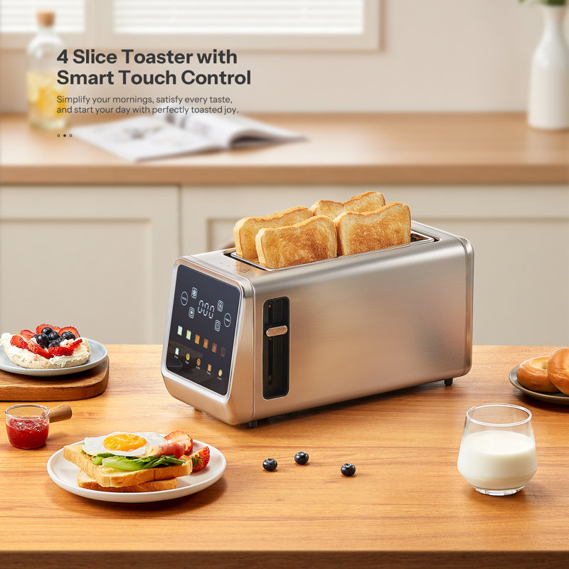 Long Slot Toaster, 4-Slice, with Touch Screen LED Display. Features 1.5-inch extra-wide slots for thick bread and bagels, a countdown timer, memory function, dual independent controls, and 6 shade settings. Constructed with stainless steel.