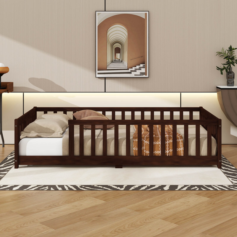 Low-To-The-Ground Twin-Size Floor Bed With Fence No Door Included, Espresso